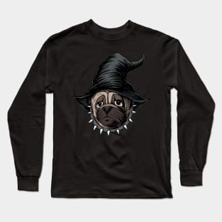 halloween pug dog wear hat witch illustration Long Sleeve T-Shirt